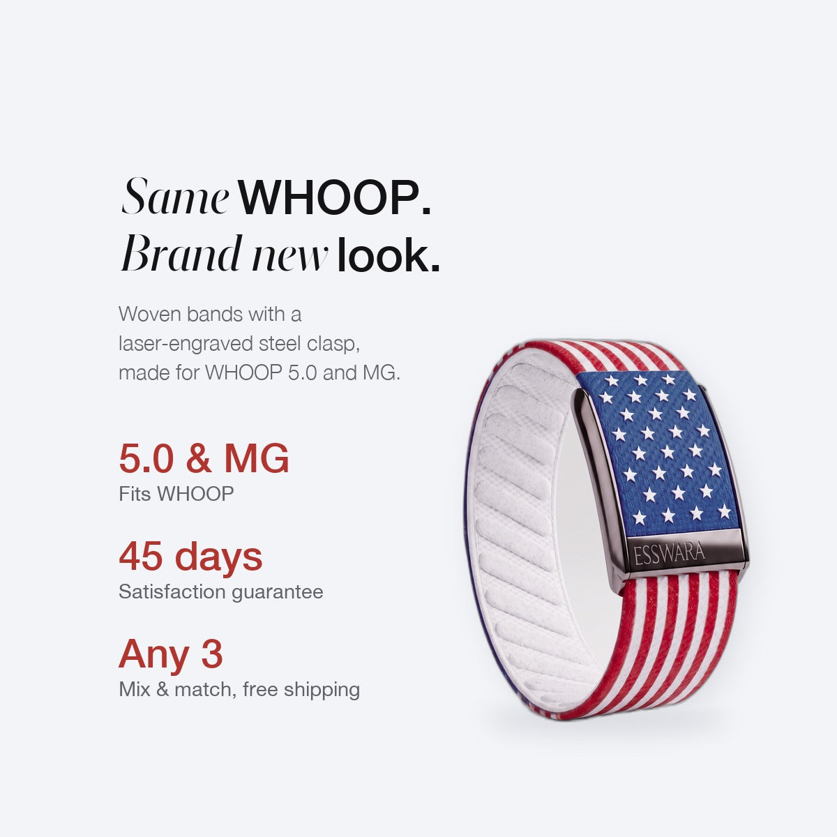 Same WHOOP, brand new look. Woven ESSWARA band with laser-engraved steel clasp, fits WHOOP 5.0 and MG.